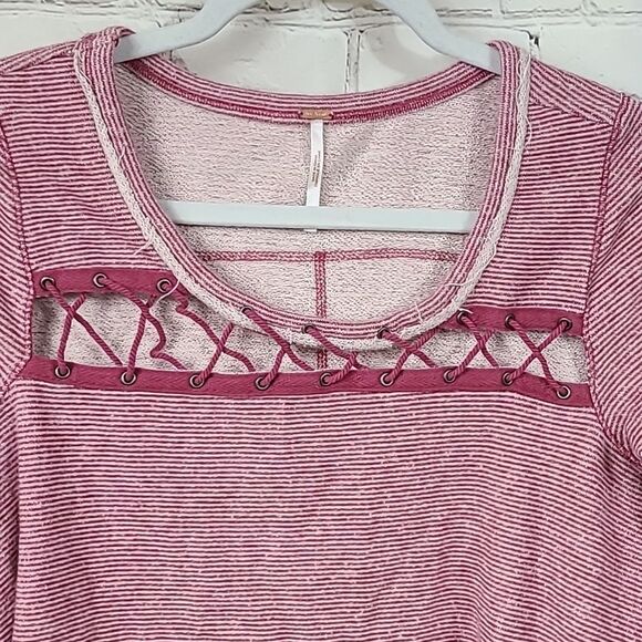 Free People Lacey Love Cutout Top French Terry Soft Berry Stripe Pullover - Picture 3 of 15